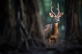 spotlit bushbuck in a shadowy forest