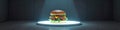 Spotlit cheeseburger on podium in dark room with lettuce and tomatoes Royalty Free Stock Photo