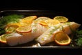 spotlit image of a glossy citrus soaked cod