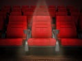 Spotlit red cinema chair in the first row. 3D illustration