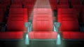 Spotlit red cinema chair in the first row. 3D illustration