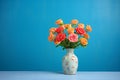 spotlit vase of roses against a blue backdrop