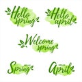 Hello april spring text, green watercolor shapes, spots