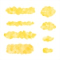 Yellow watercolor brush strokes, spots, oval smears, banners set