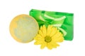 Bath ball, handmade soap and yellow flower Royalty Free Stock Photo