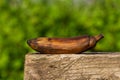 Spotted brown mini banana on a wooden board under the sun. This fruit is suitable for baking banana bread Royalty Free Stock Photo