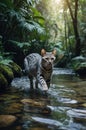 Elegant Bengal Cat Walking Through a Lush Tropical Stream Royalty Free Stock Photo