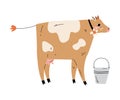 Spotted Cow and Bucket of Milk, Agriculture, Dairy Cattle Animal Husbandry Breeding Vector Illustration Royalty Free Stock Photo