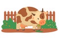 Spotted Cow Near Fence and Green Bushes Vector