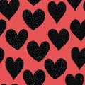 Spotted Doodle hearts black and white on red seamless vector pattern. Hand drawn cute heart shapes repeating background Royalty Free Stock Photo