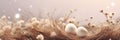 Spotted Easter eggs in natural straw nest with soft dry flowers banner. Panoramic web header. Wide screen wallpaper
