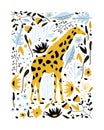 Spotted Giraffe with Long Neck Among Rainforest Flora Vector Illustration