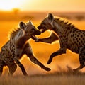 Spotted hyenas fighting in the