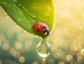 Spotted Ladybug Enjoying the Morning Light on a Green Leaf with Dew drops Royalty Free Stock Photo