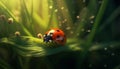 Spotted ladybug on wet blade of grass generated by AI Royalty Free Stock Photo