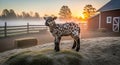 Spotted lamb stands on grassy mound farm sunrise backdrop Royalty Free Stock Photo