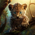 Spotted Leopard cub prowling on a branch, 7 weeks old Made With Generative AI illustration