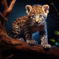 Spotted Leopard cub prowling on a branch, 7 weeks old Made With Generative AI illustration