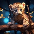 Spotted Leopard cub prowling on a branch, 7 weeks old Made With Generative AI illustration