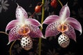 Spotted pink orchids on a black background. Close-up photo shot. Generative AI