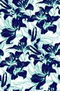 Seamless pattern with mix of silhouettes and contour of lilies flowers and leaves.