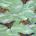 Spotted stingray, hand painted watercolor illustration, seamless pattern on green, blue ocean surface with waves Royalty Free Stock Photo