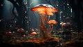 Spotted toadstool grows in dark forest, danger in nature generated by AI