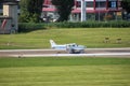 Piper Archer aircraft is taxiing at the airport Saint Gallen Altenrhein in Switzerland 10.7.2020