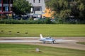 Piper Archer aircraft is taxiing at the airport Saint Gallen Altenrhein in Switzerland 10.7.2020