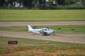 Piper Archer aircraft is taxiing at the airport Saint Gallen Altenrhein in Switzerland 10.7.2020