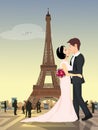 Spouses kiss under the Eiffel tour