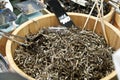 Sprat fish in a wooden cask on sale at japanese market