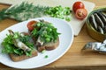 Sprats, bread, onion and tomatoes Royalty Free Stock Photo