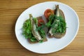 Sprats, bread and tomatoes on a saucer Royalty Free Stock Photo