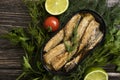 Sprats in a can, fresh preserve gastronomy gourmet nutritious delicious dill lime lunch on wooden background