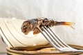 Sprats fish on inox fork above metal jar, smoked herring. close up