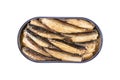 Sprats fish in a metal jar isolated on a white background with clipping path. Top view. Sprats in a metal can with oil. Smoked Royalty Free Stock Photo