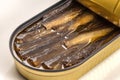 Sprats in oil, opened can of canned fish, selective focus Royalty Free Stock Photo