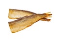 Sprats in oil, two decapitated fish, isolated on white background with clipping path