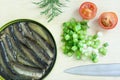 Sprats, onion and tomatoes on a cutting board Royalty Free Stock Photo