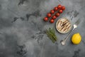 Sprats tin can, on gray stone table background, top view flat lay, with copy space for text Royalty Free Stock Photo