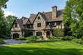A sprawling house adorned with numerous windows, nestled amidst a spacious lawn with vibrant green grass, A Tudor-style home in a