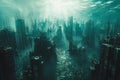 A sprawling metropolis, now underwater, reveals towering structures covered in algae Royalty Free Stock Photo