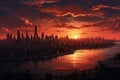 Sprawling Skyline city sunset lake. Generate Ai