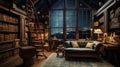 A sprawling study, walls lined with floor-to-ceiling bookshelves holding an eclectic mix of volumes. A brass telescope sits by