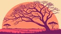 Sprawling Tree Silhouette Against Sunset Savannah, vector design Generative AI Royalty Free Stock Photo