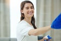 Spray bottle, cleaning window and woman with smile for hygiene, housework and chores at home. Housework, housekeeping Royalty Free Stock Photo