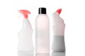 Spray bottle, empty pump clear plastic container cosmetic soap set and mineral shampoo. Antiseptic gel isolated in water blank cap Royalty Free Stock Photo