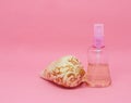 A spray bottle filled with liquid and a seashell Royalty Free Stock Photo