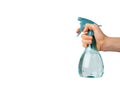 Spray Bottle in Hand Isolated, Blue Sprayer with Water, Mini Flower Spray Gun, Plastic Pulverizer on White Royalty Free Stock Photo